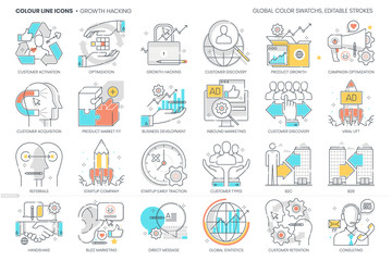 Growth hacking related, color line, vector icon, illustration set
