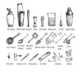 Set bartender equipment and tools