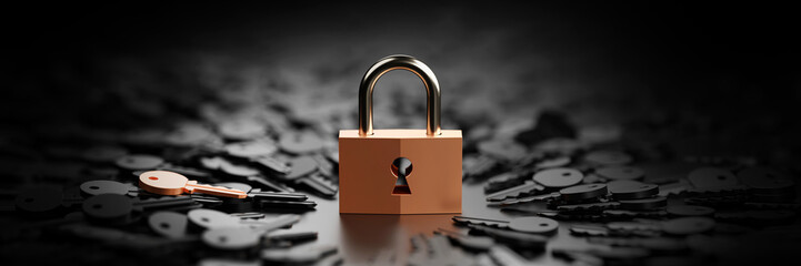 One padlock with infinite keys, metaphor of problems, solutions  and risk management; original 3d rendering