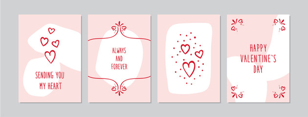 Valentine`s Day cards set with hand drawn hearts and ornaments. Doodles and sketches vector vintage illustrations, DIN A6. - 315196860