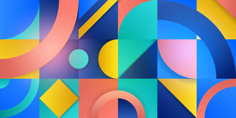 Obraz premium Trending background in cubism style. Illustration with abstract figures. Geometric shapes in squares with a gradient. Template for advertising, blog and social media. Vector illustration.