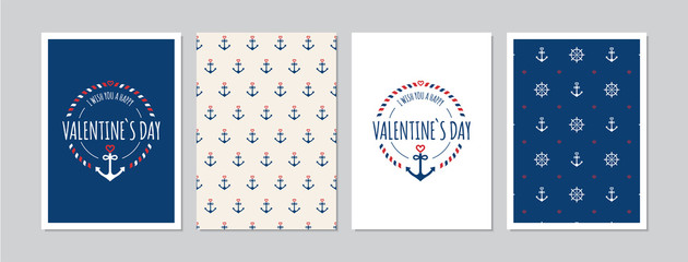 Valentine`s Day cards set with hand drawn elements in maritime look. Doodles and sketches vector vintage illustrations, DIN A6. - 315197079