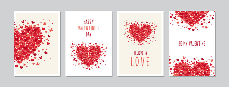 Valentine`s Day cards set with hand drawn hearts design. Doodles and sketches vector vintage illustrations, DIN A6.
