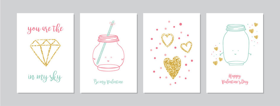 Valentine`s Day cards set with hand drawn elements like hearts, golden diamond and mason jar. Doodles and sketches vector vintage illustrations, DIN A6.