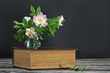 Mothers Day background with wild roses in vase and old book on dark background with copy space