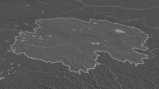 Qinghai, province with its capital, zoomed and extruded on the bilevel map of China in the conformal Stereographic projection. Animation 3D