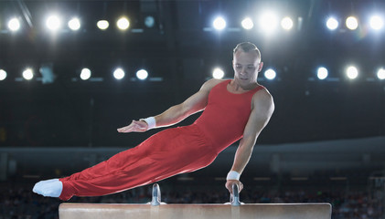 Male gymnast performing on pommel horse in arena