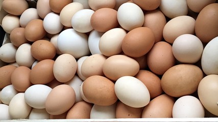 White and beige chicken eggs in a box prepared for Easter