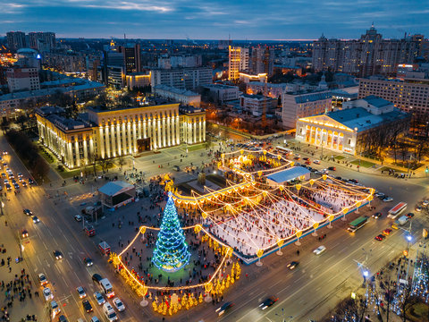 Street illumination during new year celebration in central square of Lenin in Voronezh, Russia, aerial view