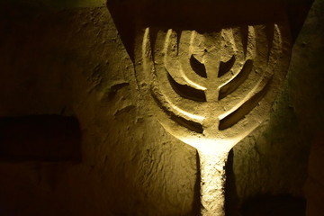 Cave of the Coffins Ancient cave drawing of a menorah Bet She'arim National Park in Kiryat Tiv'on...