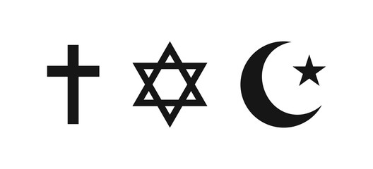 Three religions vector icon isolated on white background. Christianity, Judaism and Islam. Worship christian religion. Religions in flat style.