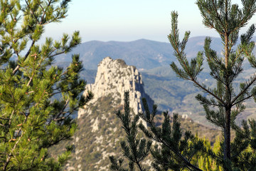 Fototapeta na wymiar General view of Via Ferrata Rocher du Saint-Julien surrounded by mountains in southeastern France