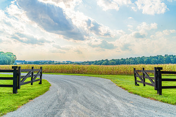 Amish country field agriculture, beautiful brown wooden fence, farm, barn in Lancaster, PA US © Vadim