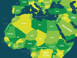 Northern Africa map - green hue colored on dark background. High detailed political map of northern african rgion with country, capital, ocean and sea names labeling