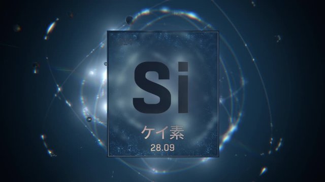 Silicon as Element 14 of the Periodic Table. Seamlessly looping 3D animation on blue illuminated atom design background orbiting electrons name, atomic weight element number in Japanese language