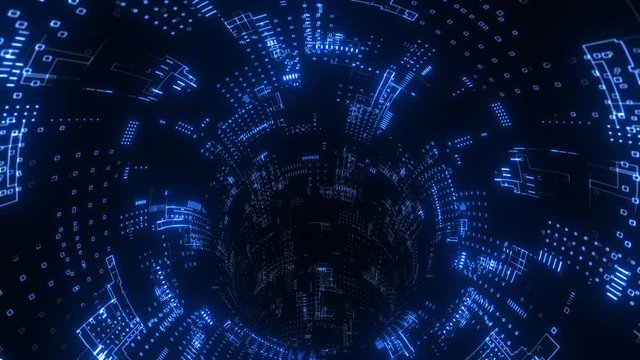 Travel through abstract technology digital tunnel, pipe. Circle shape. Glowing looped motion background