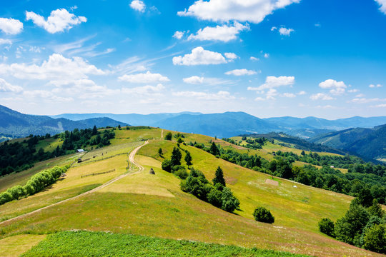 mountain rural landscape in summertime. country path winding off in to the distant ridge. rolling hills with grass fields and meadows. calm sunny weather with fluffy clouds on the blue sky