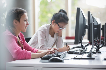 Girl students studying at computers in library