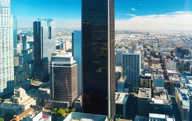 Aerial view of skyscrapers in Downtown Los Angeles, CA