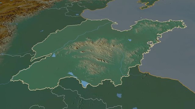 Shandong, province with its capital, zoomed and extruded on the relief map of China in the conformal Stereographic projection. Animation 3D