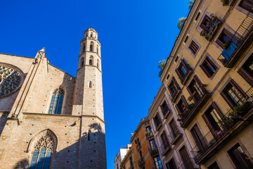 Fototapeta na wymiar Santa Maria del Mar church and some buildings in Barcelona. Gothic neighborhood