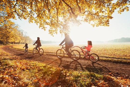 Young family bike riding in sunny autumn park