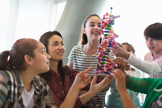Female teacher and students examining DNA model in classroom