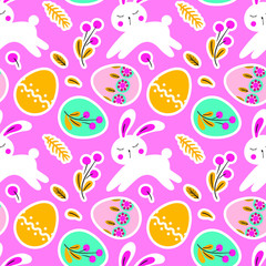 Seamless pattern with cute easter symbols. White bunny, spring folk flowers and eggs