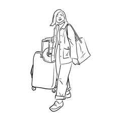 woman with a luggage bag vector illustration sketch doodle hand drawn isolated on white background. Vacation concept.