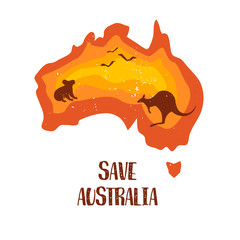 Obraz premium Save Australia concept banner. Color gradient continent with silhouette of koala, kangaroo and birds. Vector illustration.
