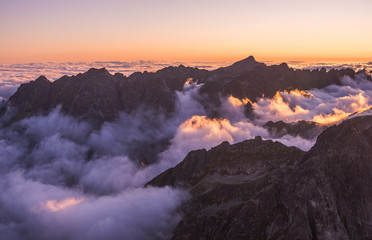 Mountains Landscape with Inversion in the Valley at Sunset as seen From Rysy Peak in High Tatras,...