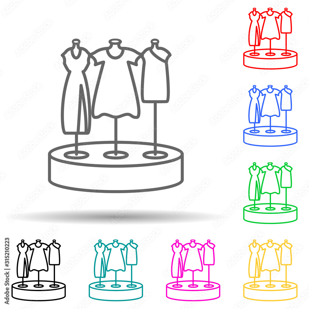 Poster showcase with dresses multi color style icon. simple thin line, outline vector of mall shopping cent