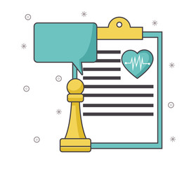 Speech bubble with medical report and chess piece, colorful design