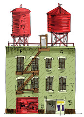 Two rooftop water tanks on a New York vintage residential building with shop at ground floor. Cartoon. Caricature.