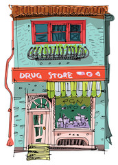 A vintage traditional facade of old american drug store. Cartoon. Caricature.