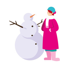 woman with snowman on white background
