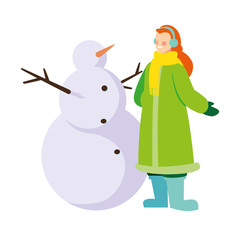 woman with snowman on white background