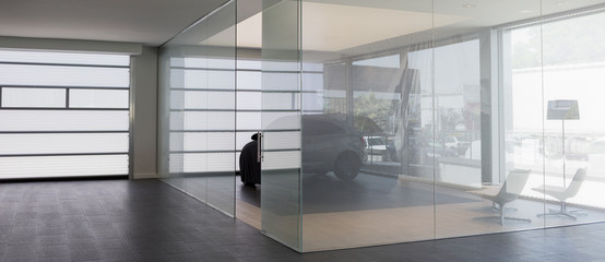 New car in modern car dealership showroom