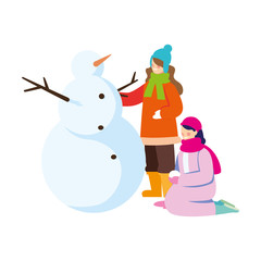 women with snowman on white background