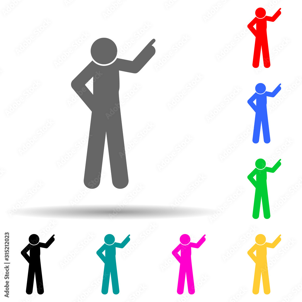 Poster man up, show multi color style icon. simple glyph, flat vector of man pointing finger icons for ui a