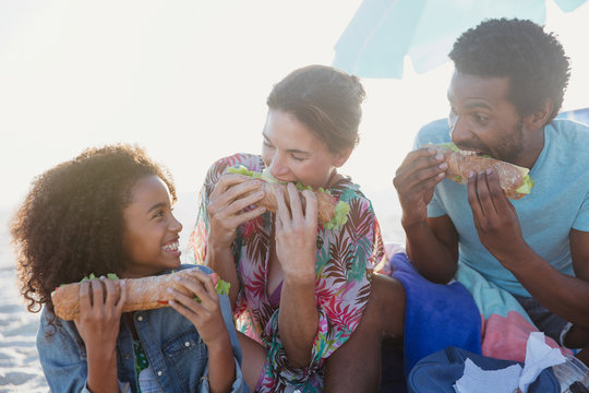 Playful multi-ethnic family eating baguette sandwiches on beach
