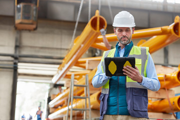 Serious male engineer using digital tablet in factory