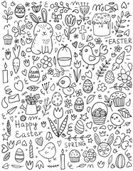 Cute Easter doodle set: bunnies, baskets, easter eggs, cupcakes, cakes, chickens, chicken, crosses, carrots, leaves, flowers, butterflies and candles