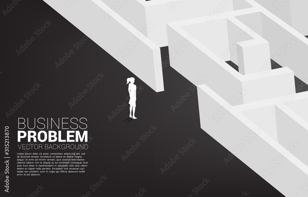 Poster silhouette of businesswoman ready to enter to maze. business concept for problem solving and solutio