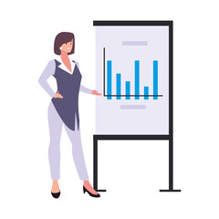 businesswoman standing with graphs on white background