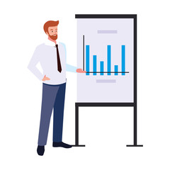 businessman standing with graphs on white background