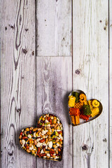hearts on a wooden background. Valentine's Day