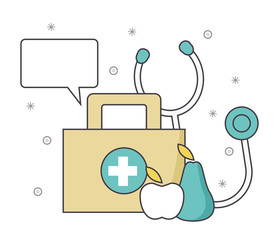first aid kit with stethoscope and fruits