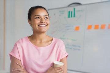 Portrait smiling, ambitious businesswoman drinking coffee at whiteboard in office
