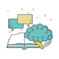 book with speech bubbles and brain, colorful design